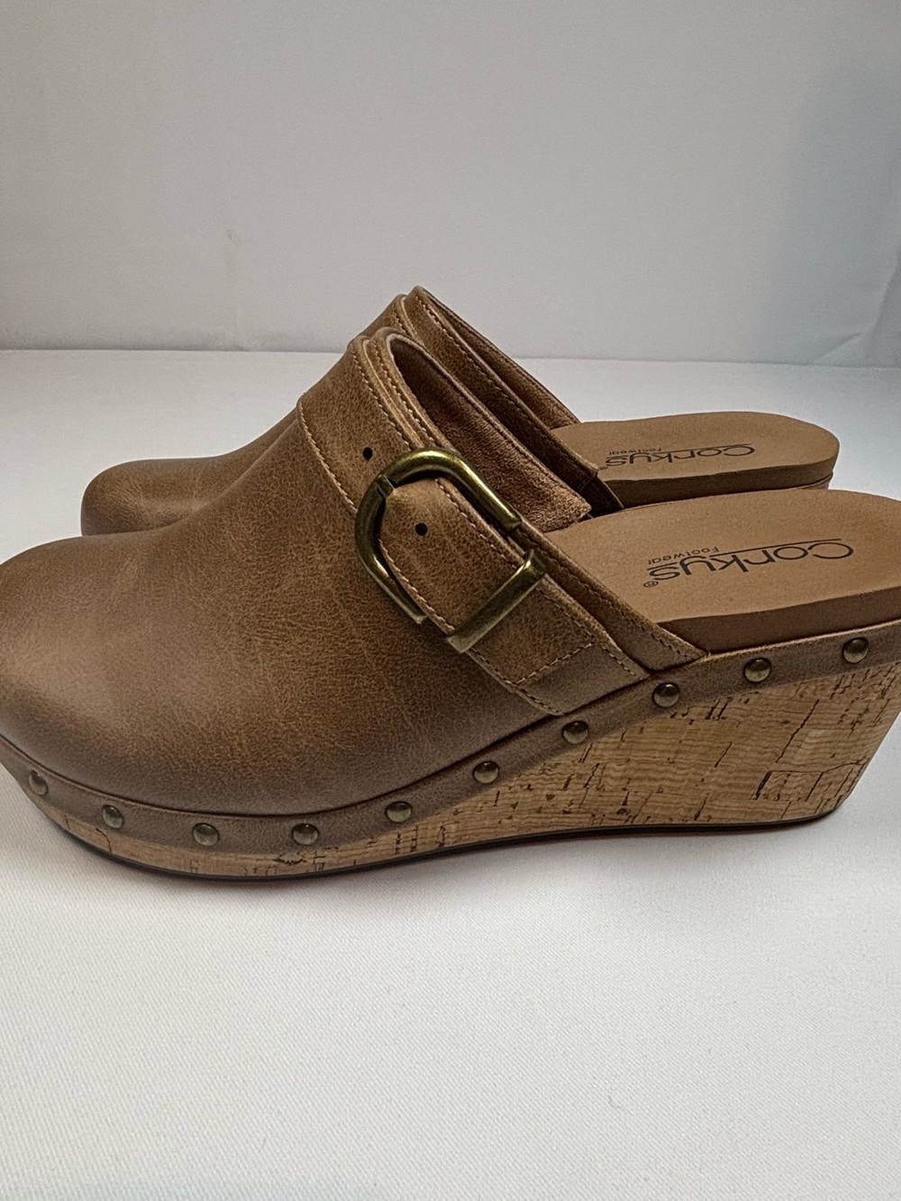 Corkys Tan Brown Wedge Clog Mules with Buckle and Stud Detailing